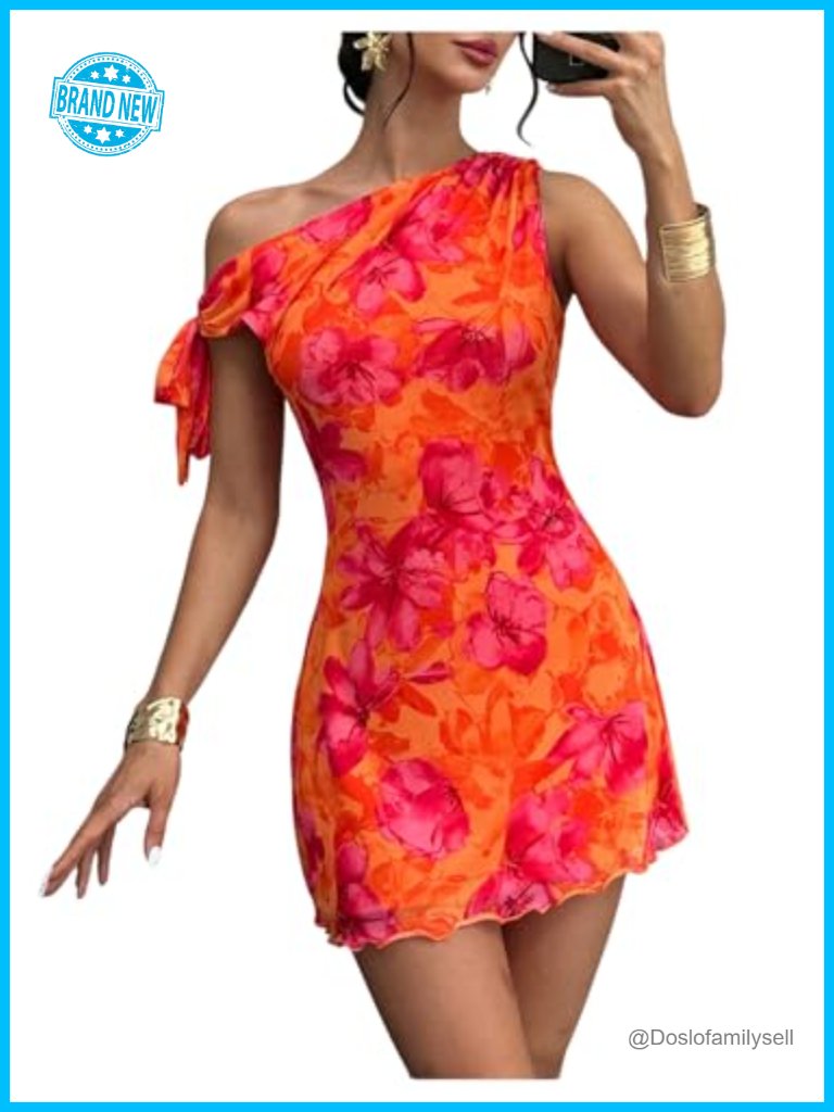 Asymmetrical Hem Bodycon Mini Dress One Shoulder Floral Sleeveless Pencil Dress